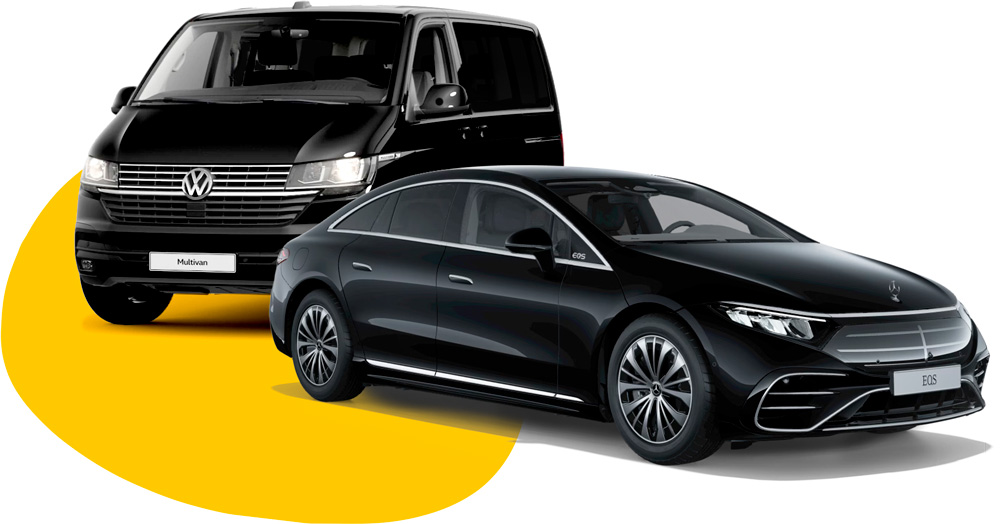 Mercedes EQS noire et Van Wolsvagen noir